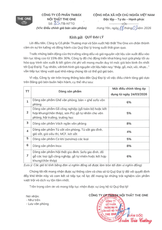 Thông báo điều chỉnh giá bán sản phẩm 1
